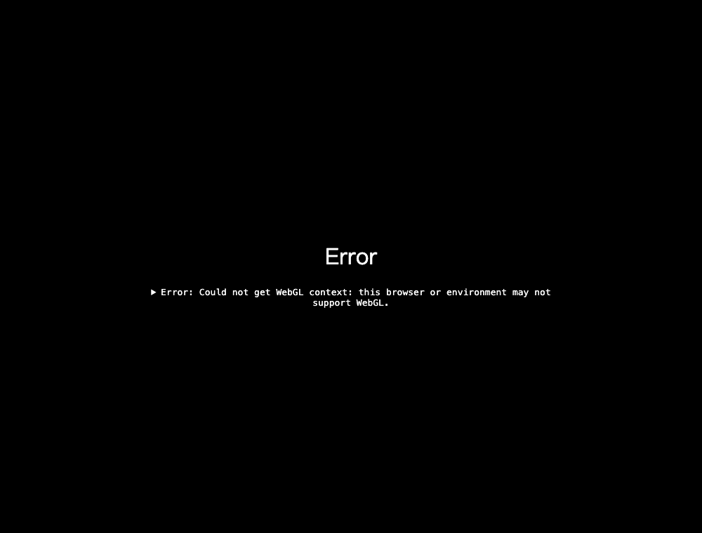 The archived Mii maker showing a black screen with the message: Error: Could not get WebGL context: this browser or environment may not support WebGL.